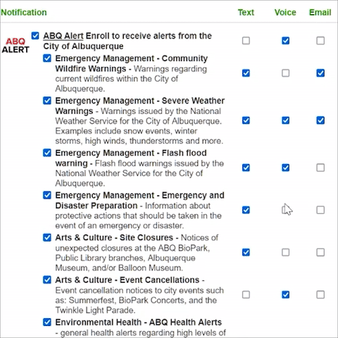 An animated gif of selecting different notification options for multiple departments in the ABQ Alert web interface.