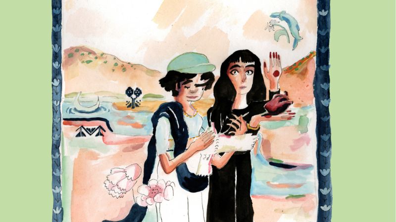 A watercolor paining with 2 people standing in front of a landscape.