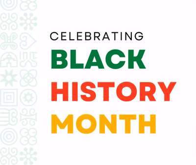 Celebrating Black History Month with tribal design patterns in a border to the left.