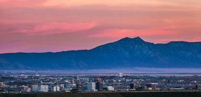 A view of the Albuquerque downtown area taken during twilight.
