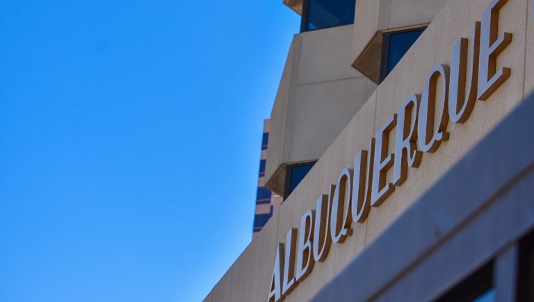 The Albuquerque sign above the entrance of City Hall.