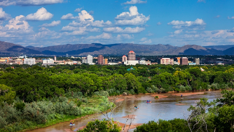 The City of Albuquerque, Rio Grande River, and Sandia Mountains