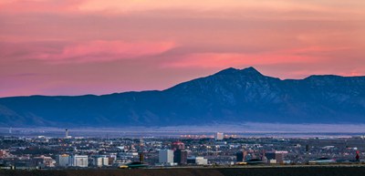 A view of the Albuquerque downtown area taken during twilight.