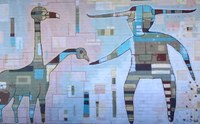 A stylized artwork wall mural of a humanoid figure extending a hand to a two-headed bird creature.
