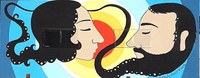 A painting of a man and a woman facing each other in profile with red, yellow, and blue nested, stacked circles in the background.
