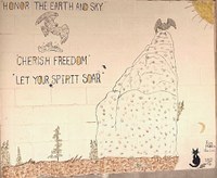 A wall mural artwork painting of two birds, a large rock, and trees along with the text "honor the earth and sky. cherish freedom. let your spirit soar.".