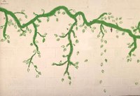 A stylized painting of a green vine with leaves on a wall.