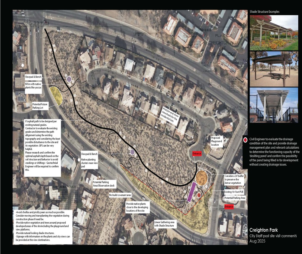 Creighton Site Plan Redlines An overhead view of the proposed park plan area, including lines and colored zones indicating multiple possible parking spots, viewpads, a play area, and areas for plants.