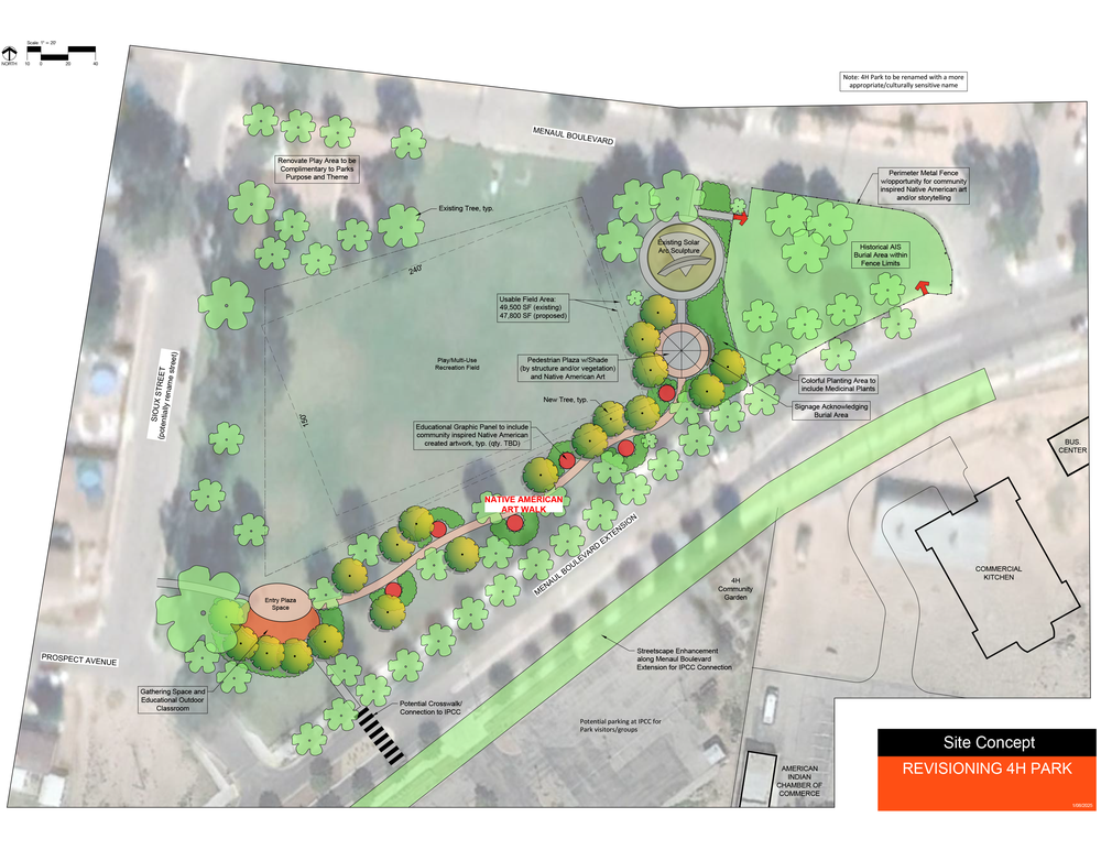 A concept rendering showing updates to 4H park including a Native American Art Walk, padestrian plaza with shade, educational outdoor classroom and more. Complete list on page below.