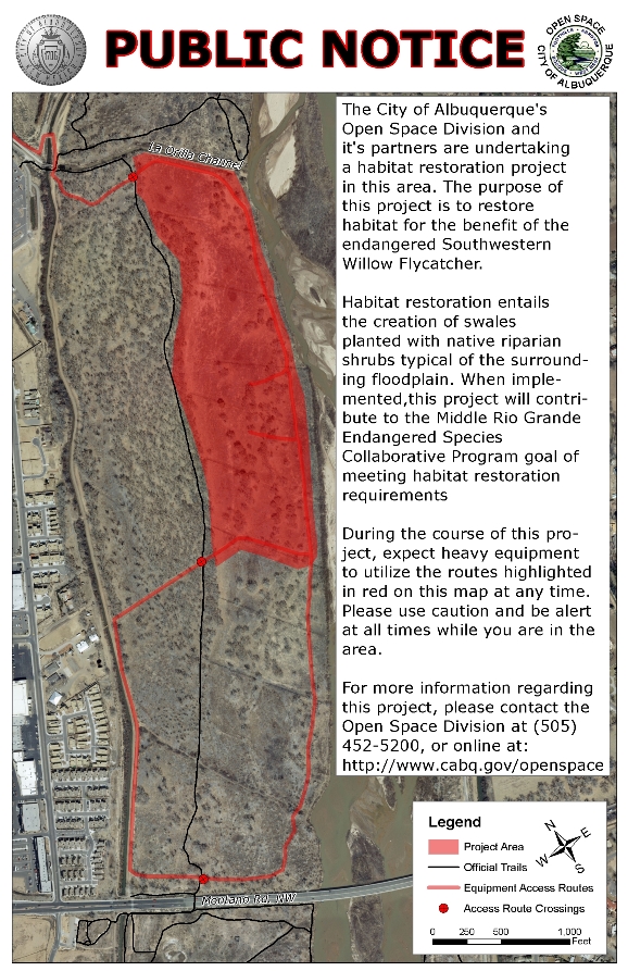 Public Notice that heavy equipment will be using driving routes during the La Orilla project in 2012.