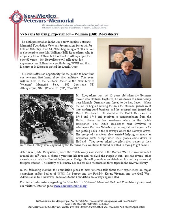 Flyer Military History Lecture - Mr. William (Bill) Rooyakkers