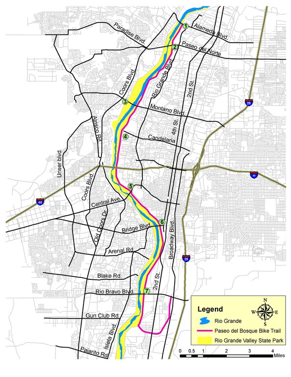 Map to illustrate RGVSP access points as explained on Paseo del Bosque Trail page