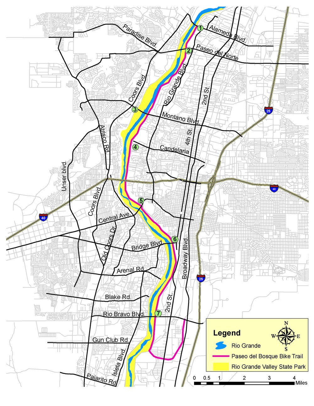 Map to illustrate RGVSP access points as explained on Paseo del Bosque Trail page