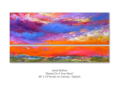 Colorful painting that may be of the ground and sky over the words "Janet Bothne Based On A True Story 36 x 72 Acrylic on Canvas - Diptych."