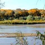 A shallow river with autumn trees in the background.