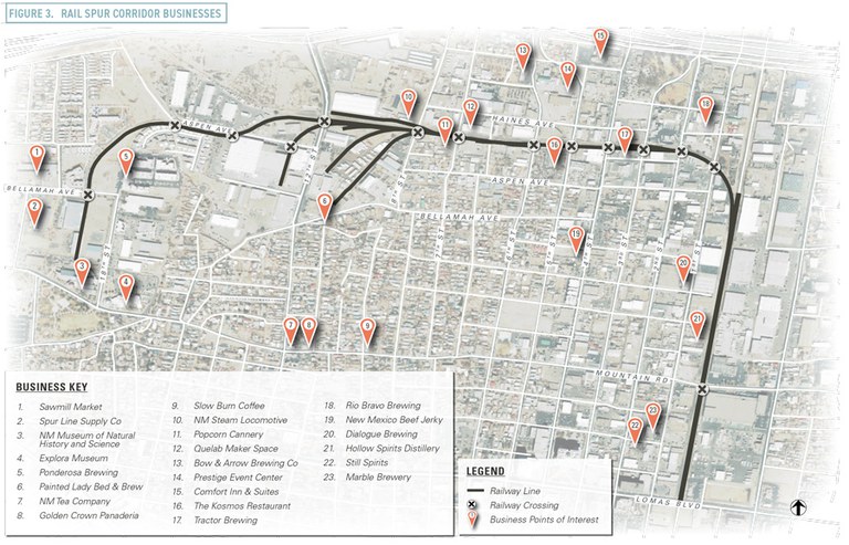 Map of major businesses along the Rail Spur Trail