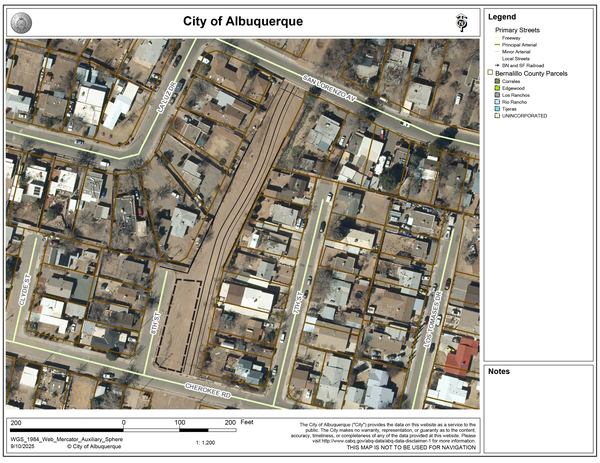 An aerial view of the area where Harwood Lateral park is being build. It shows a dirt strip between Cherokee Rd and San Lornezo Avejust east of 8th street. There is a black outline around the southern part of the lot.