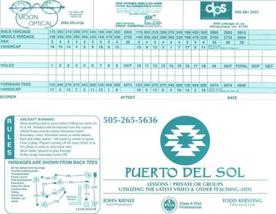 The Puerto Del Sol golf course score card.