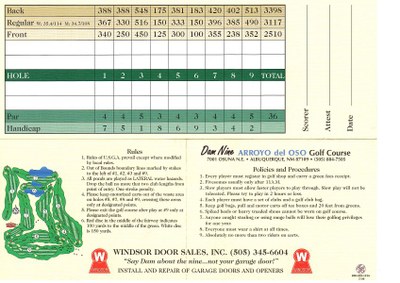 Arroyo del Oso Golf Course 9 hole score card.