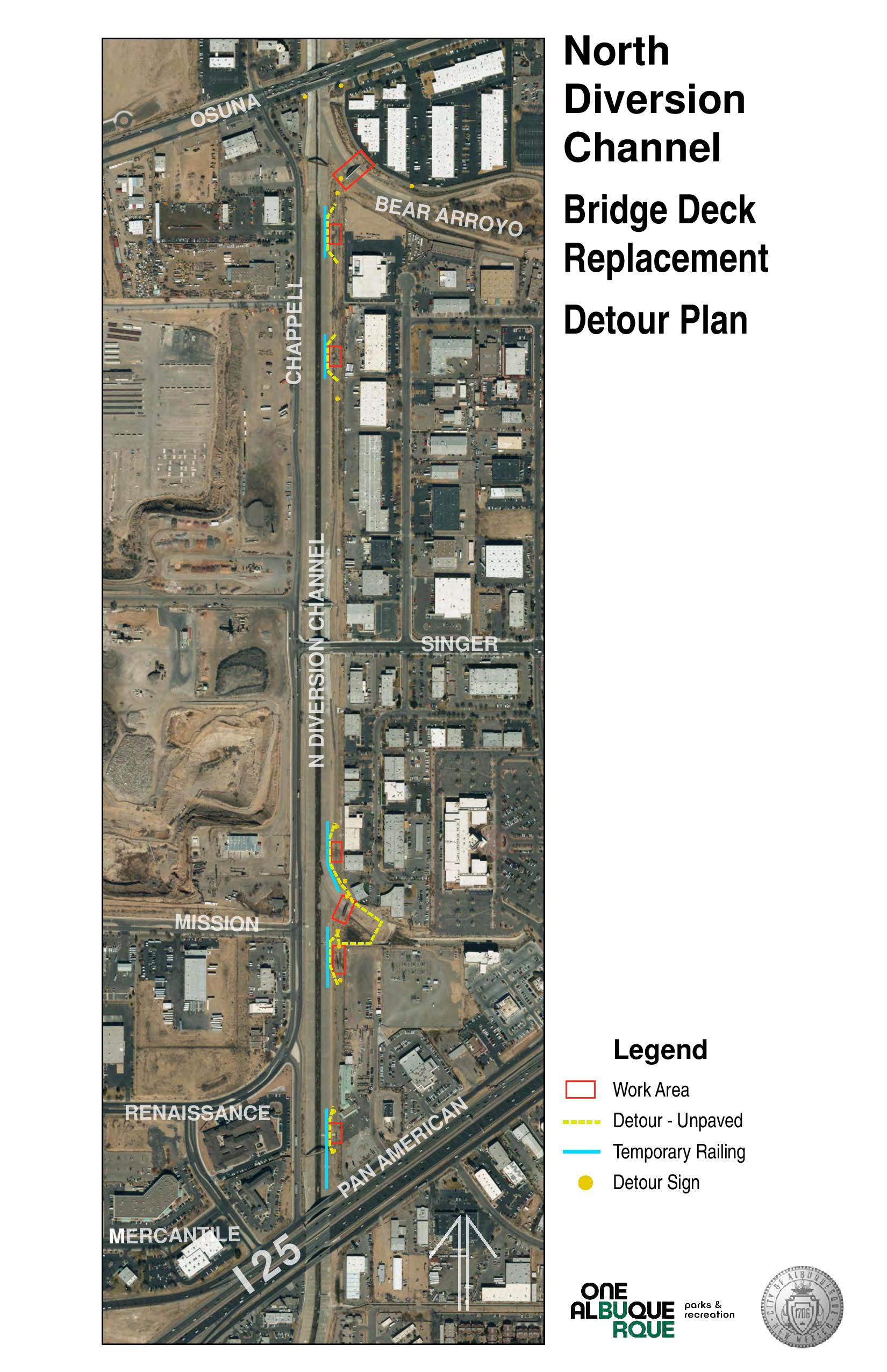 Map North Diversion Channel Detours for 2019 Bridge Deck Replacements