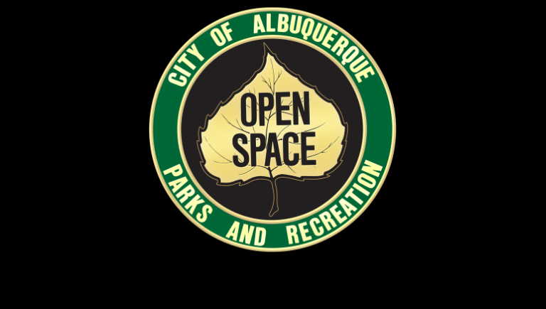 The City of Albuquerque Parks and Recreation written on a green circle going around a cottonwood leaf with the words Open Space written on it.