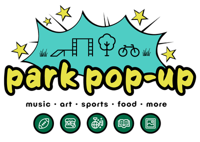 The logo for the Park Pop-up initiative. It has the text "park pop-up" in fun, bright yellow lettering outlined in black. Above it in a comic book style explosion bubble are icons making up a typical park, including a slide, a tree, and a bike. The explosion bubble is surrounded by stylized 5-pointed stars in the same bright yellow. At the bottom of the logo are five icons featuring different ideas for park pop-up events like music, food, reading, art, and sports.