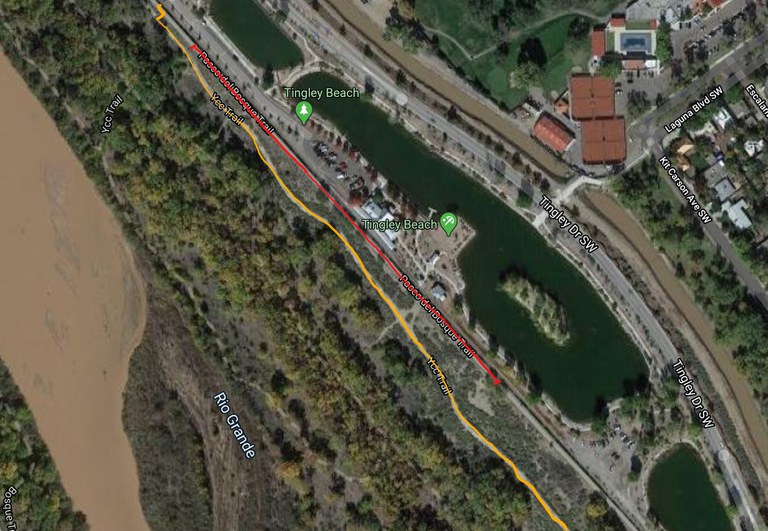 A map showing that the Paseo del Bosque Trail will be repaved along Tingly Beach.