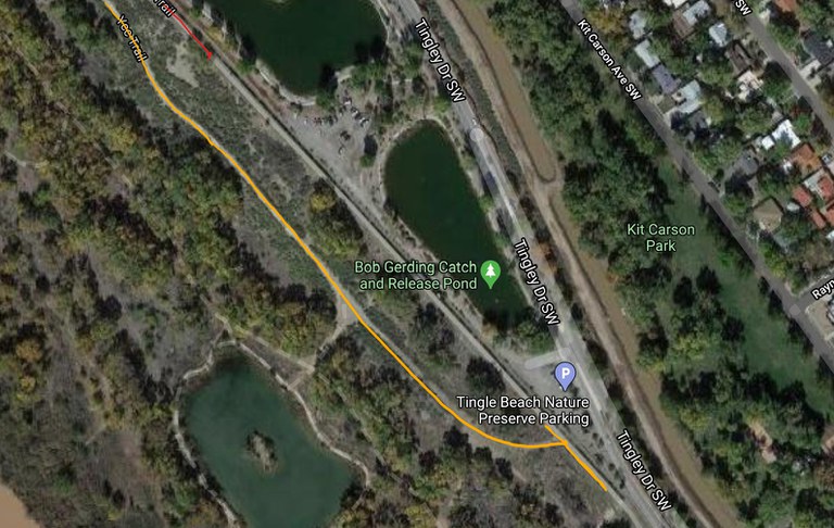 A map showing the south east part of Paseo del Bosque Trail by Tingly Beach.