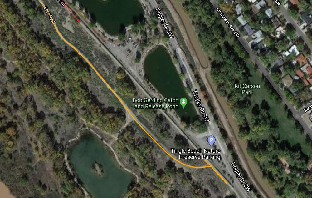 A map showing the south east part of Paseo del Bosque Trail by Tingly Beach.