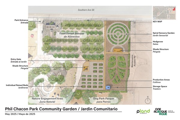 Phil Chacon Community Garden This image shows 3 production areas with ADA accessible pathways and a food forest at Phil Chacon Park.