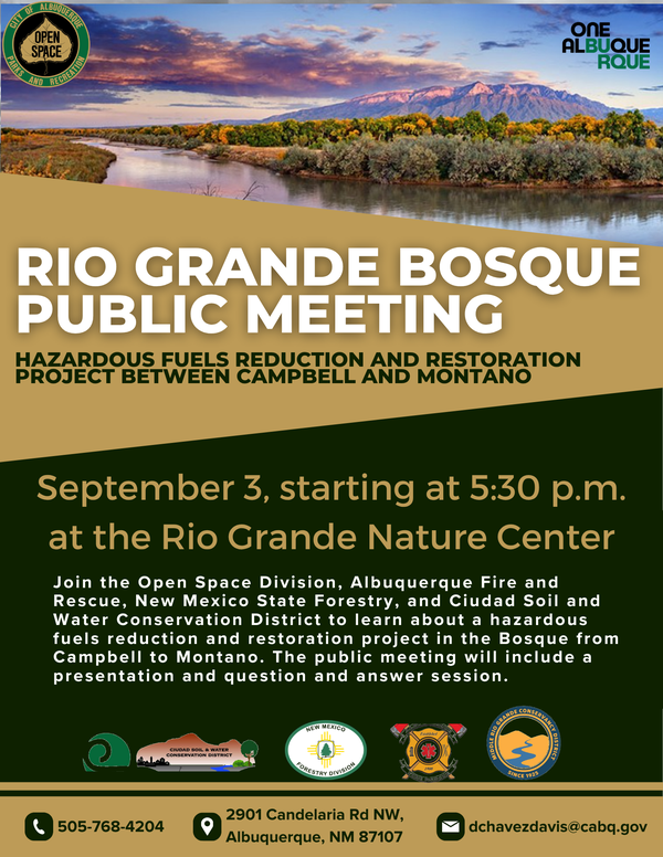 Rio Grande Bosque Public Meeting A flyer describing event details. 2901 Candelaria Rd NW
