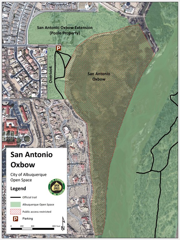 A trail map of the San Antonio Oxbow, Oxbow Extension (Poole Property) and surrounding Bosque