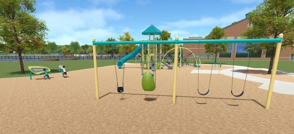 A rendering of kids playing with music features at a park. You can also see swings and other playground equipment in the background.