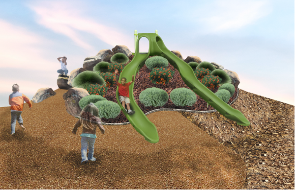A rendering showing childredn running up a hill to play on 2 slides that are connected at the top then go down diferent parts of the hill.