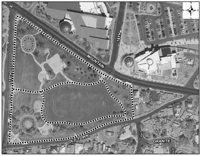 An aerial view of Tiguex Park between Old Town, Mountain, and 19th street.