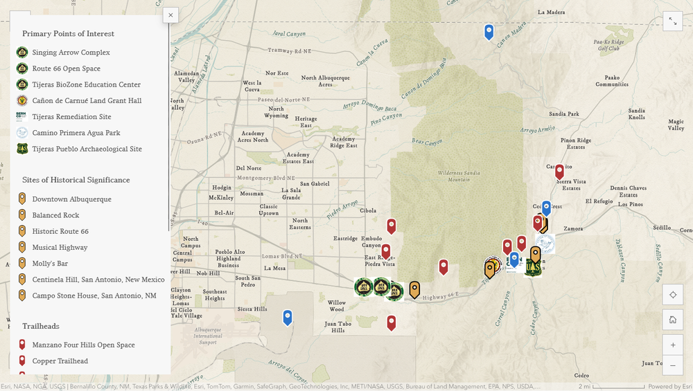 A screenshot of the GIS Tijeras Creek Cultural Corridor Story Map, which features location pins of multiple locations throughout and around Albuquerque.