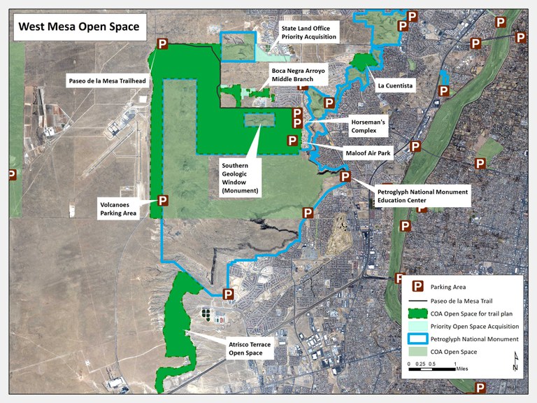 Map illustrating Open Space properties on the West Mesa that are being considered in the West Mesa Trails Plan