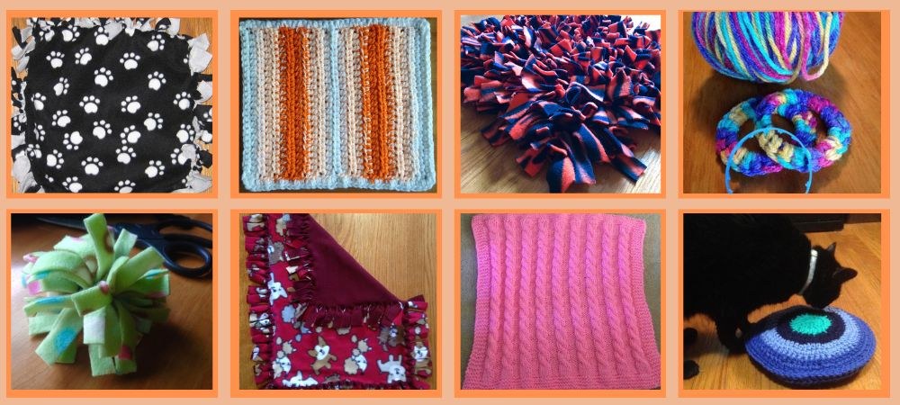 A collage of hand crafted pet blankets and toys.