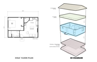 An overhead view of the 550 square foot casita floor plan and 3-dimensional diagram.