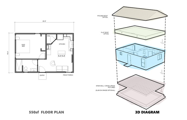 550 sq ft casita floor plan and 3D diagram