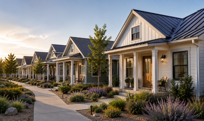 A row of houses with front porches and xeriscaping.
