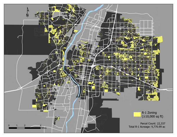 Map of all lots greater than 10,000 square feet that are zoned R-1, which make up 36% of the area zoned R-1.
