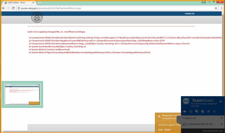 A screen capture of an error message that could show up when making a payment through the Planning Online Services System.