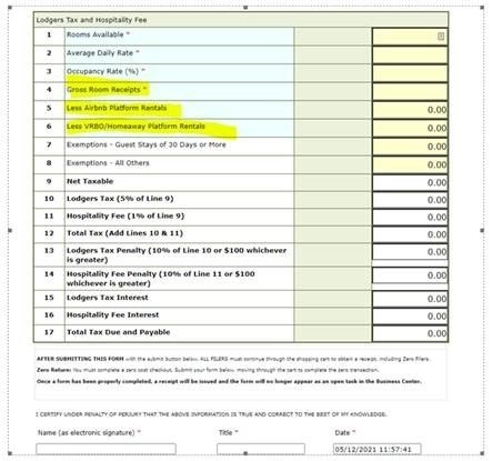 A Lodgers Tax and Hospitality Fee sheet