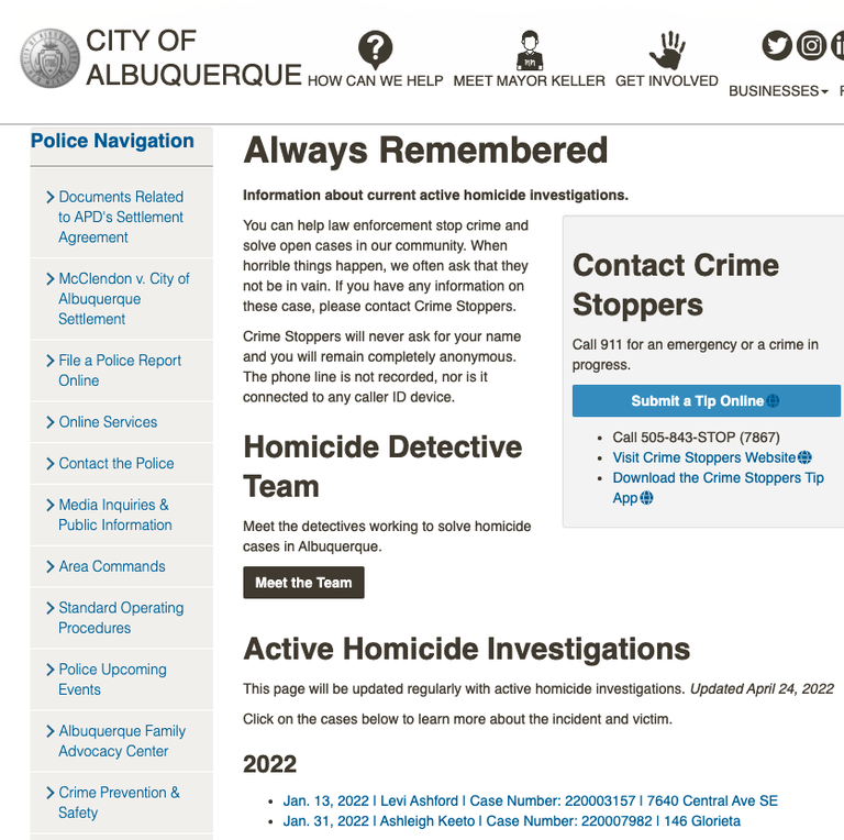 Screenshot of the Always Remembered webpage