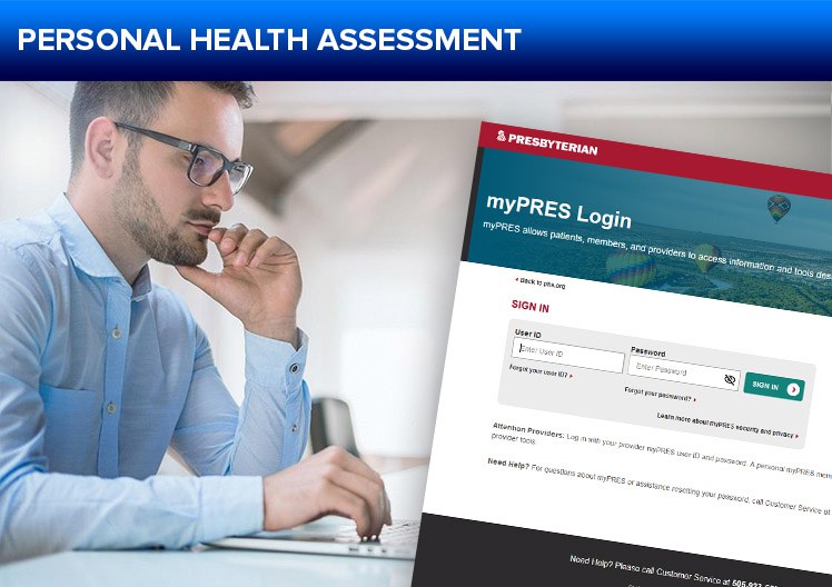 A jpg of a button for the Personal Health Assessment page, featuring a man working at a laptop and a screenshot of the Pres Health site.