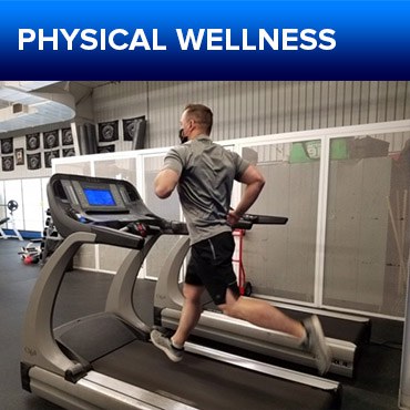 A jpg of the APD Officer Wellness button for the Physical Fitness section, featuring a photo of an officer running on a treadmill in a gym.