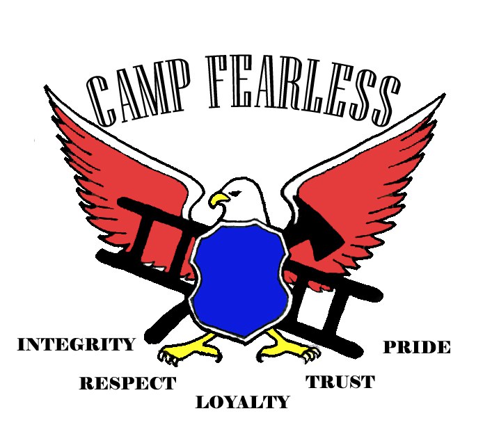 The words Camp Fearless, integrity, respect, loyalty, trust, and pride around an eagle with red wings with a blue a shield and crossed ladder and axe inf ront of it. 