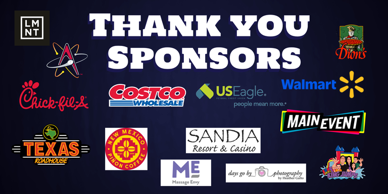 Thank you Women in Blue Sponsors LMNT, Chick-fil-a, Texas Roadhouse, Costco, US Eagle Federal Credit Union, New Mexico Pinion Coffee, Sandia Resort and Casino, Days Go By Photography, Walmart, Dions, Main Event, and Massage Envy.