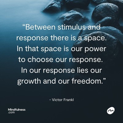 Victor Frankl Quote A jpg of a calm blue lake with a rock and quote by Victor Frankl that reads: "Between stimulus and response there is a space. In that space is our power to choose our response. In our response lies our growth and our freedom."